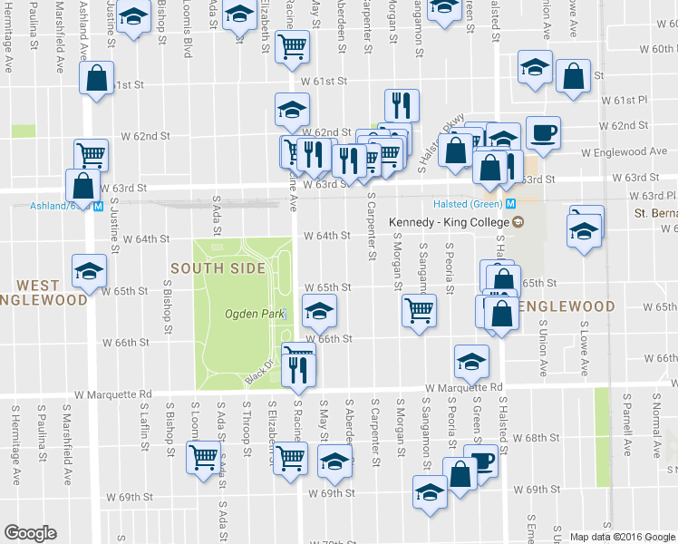 map of restaurants, bars, coffee shops, grocery stores, and more near 6440 South Aberdeen Street in Chicago