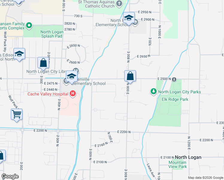 map of restaurants, bars, coffee shops, grocery stores, and more near 725 East 2450 North in North Logan