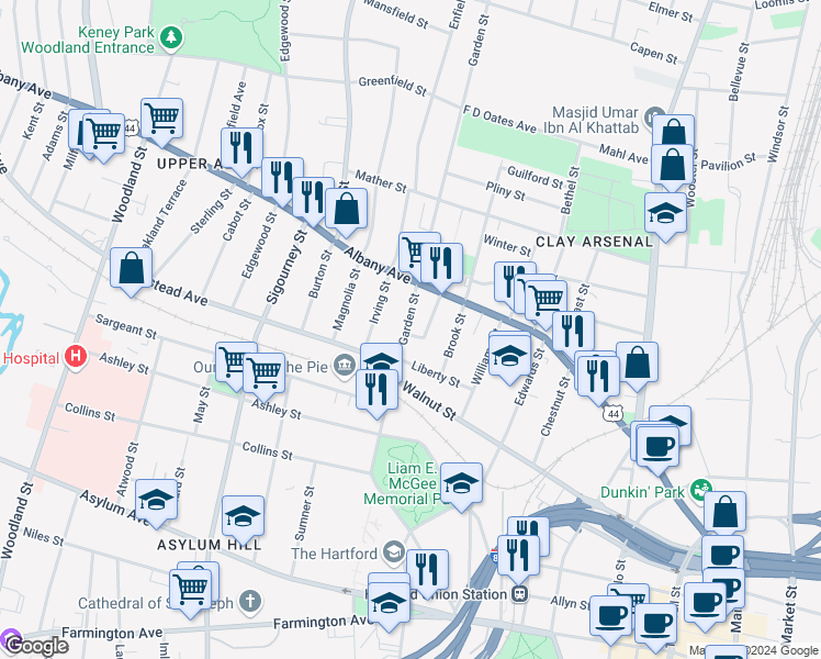 map of restaurants, bars, coffee shops, grocery stores, and more near 29 Bedford Street in Hartford