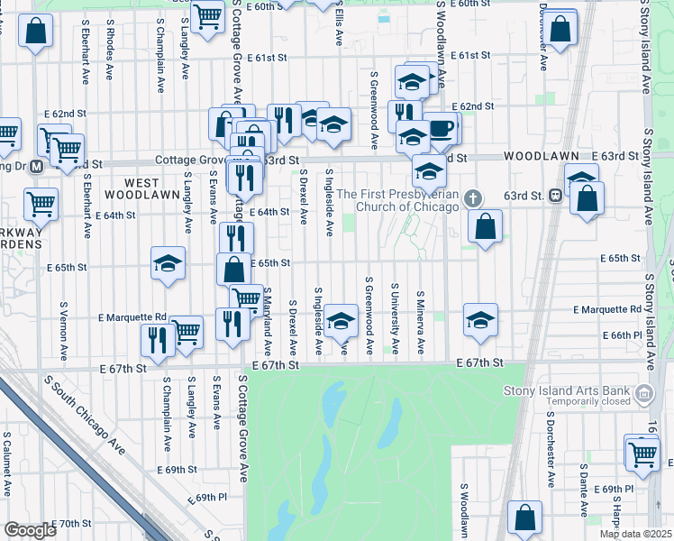 map of restaurants, bars, coffee shops, grocery stores, and more near 6504 South Ellis Avenue in Chicago