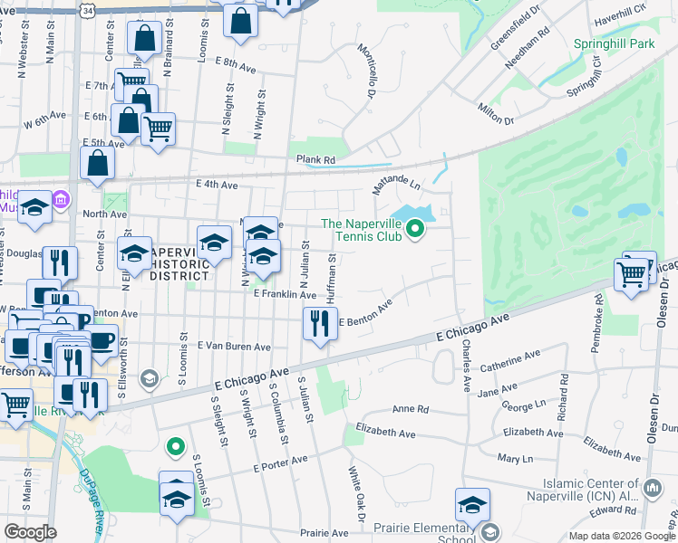 map of restaurants, bars, coffee shops, grocery stores, and more near in Naperville