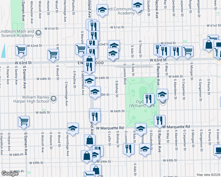 map of restaurants, bars, coffee shops, grocery stores, and more near 6439 South Laflin Street in Chicago
