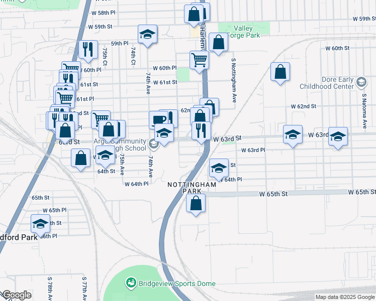 map of restaurants, bars, coffee shops, grocery stores, and more near 7236 West 63rd Place in Summit