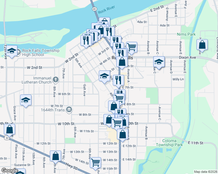 map of restaurants, bars, coffee shops, grocery stores, and more near 605 4th Avenue in Rock Falls