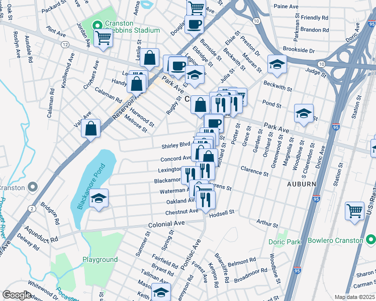 map of restaurants, bars, coffee shops, grocery stores, and more near 407 Pontiac Avenue in Cranston