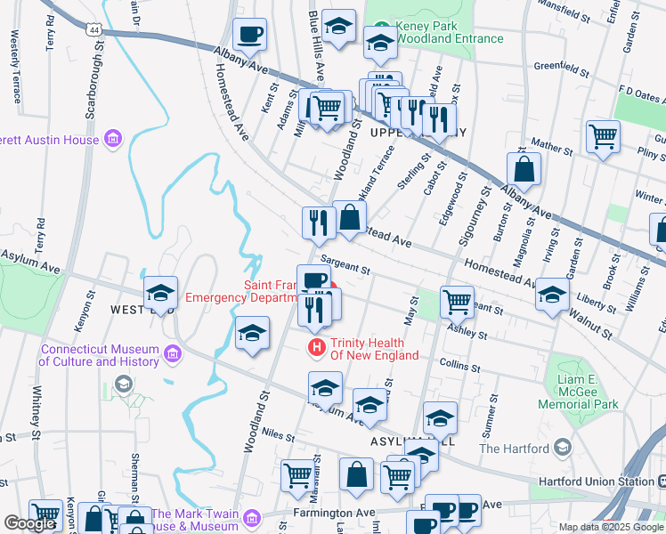 map of restaurants, bars, coffee shops, grocery stores, and more near 305 Sargeant Street in Hartford