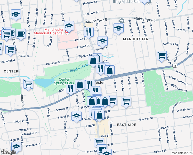 map of restaurants, bars, coffee shops, grocery stores, and more near 479 Main Street in Manchester