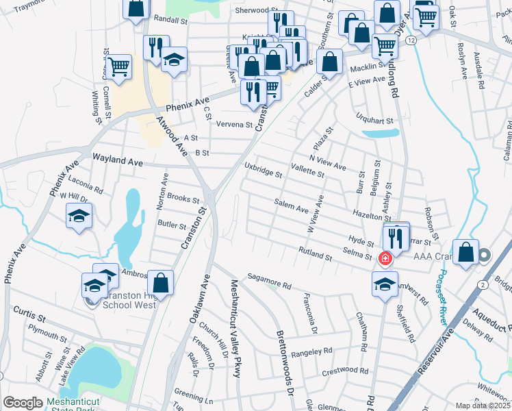 map of restaurants, bars, coffee shops, grocery stores, and more near 227 Hyde St in Cranston