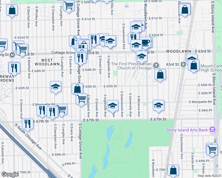 map of restaurants, bars, coffee shops, grocery stores, and more near 6504 South Ellis Avenue in Chicago
