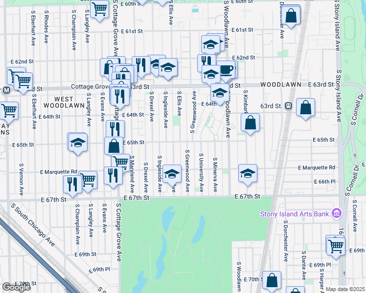 map of restaurants, bars, coffee shops, grocery stores, and more near 6506 South Greenwood Avenue in Chicago