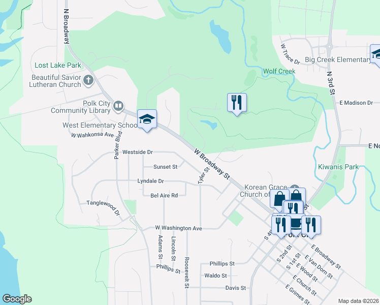 map of restaurants, bars, coffee shops, grocery stores, and more near 1200 West Broadway Street in Polk City