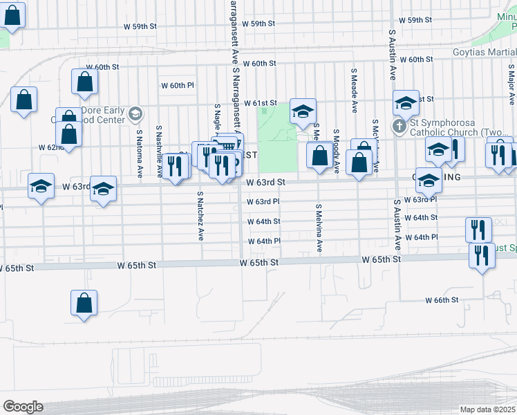 map of restaurants, bars, coffee shops, grocery stores, and more near 6333 West 63rd Place in Chicago
