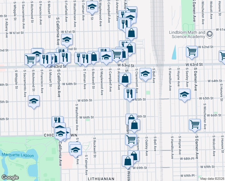 map of restaurants, bars, coffee shops, grocery stores, and more near 6429 South Campbell Avenue in Chicago