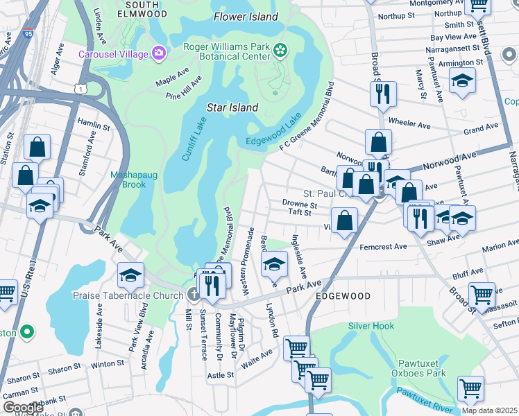 map of restaurants, bars, coffee shops, grocery stores, and more near 148 Western Promenade in Cranston