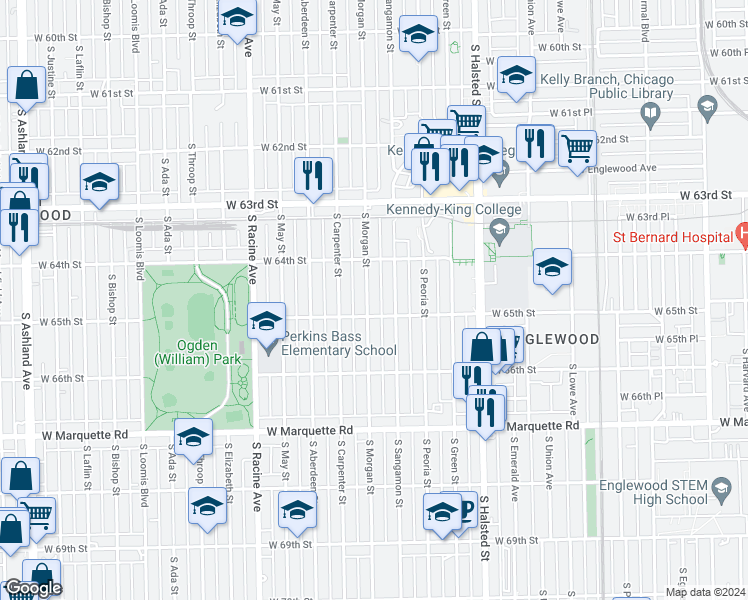 map of restaurants, bars, coffee shops, grocery stores, and more near 6445 South Morgan Street in Chicago