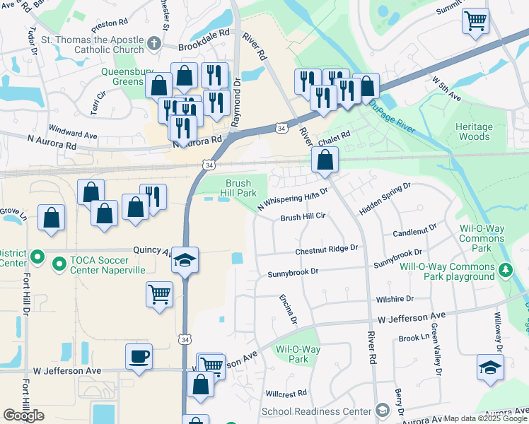 map of restaurants, bars, coffee shops, grocery stores, and more near 201 North Whispering Hills Drive in Naperville