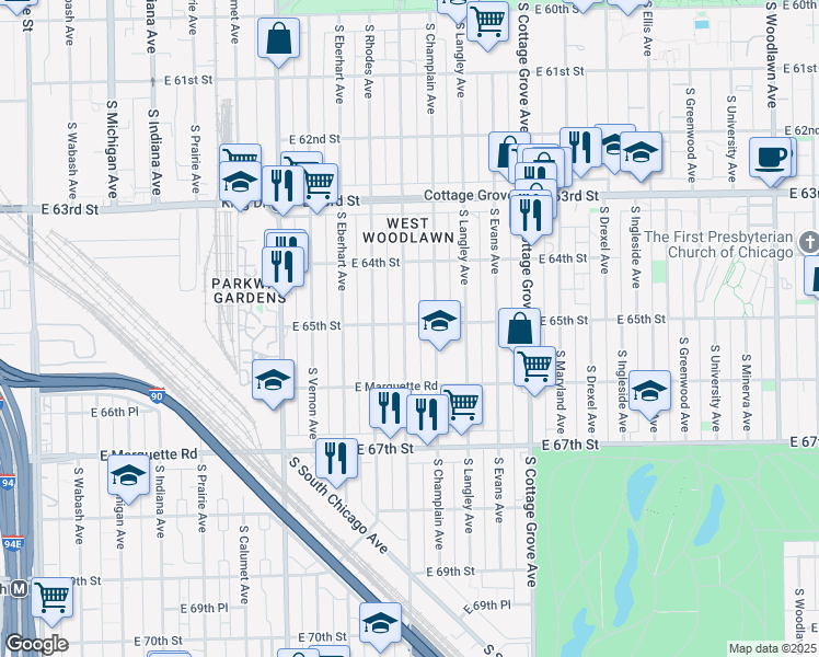 map of restaurants, bars, coffee shops, grocery stores, and more near 6503 South Saint Lawrence Avenue in Chicago