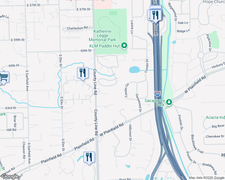 map of restaurants, bars, coffee shops, grocery stores, and more near 6181 County Line Road in Burr Ridge