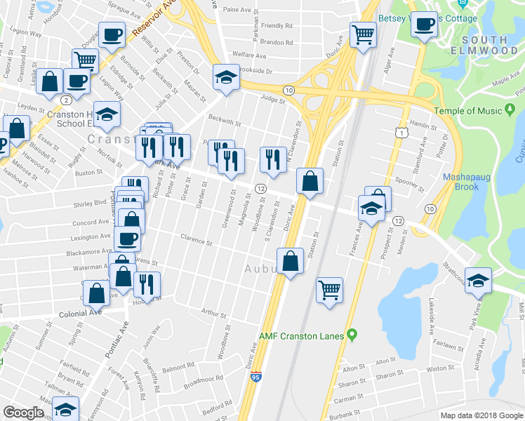 map of restaurants, bars, coffee shops, grocery stores, and more near 156 Woodbine Street in Cranston