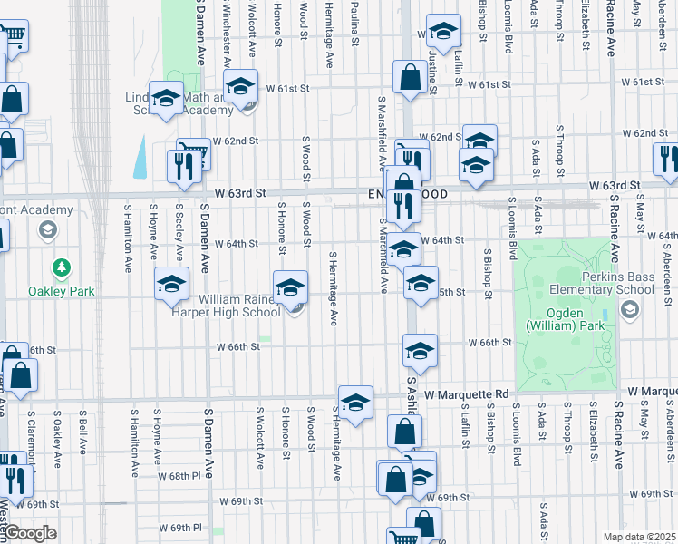 map of restaurants, bars, coffee shops, grocery stores, and more near 6437 South Hermitage Avenue in Chicago