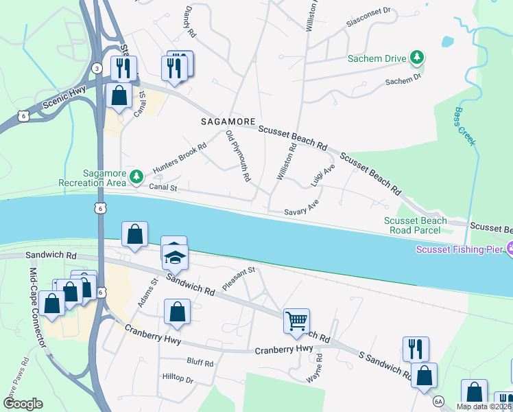 map of restaurants, bars, coffee shops, grocery stores, and more near 3 Old Plymouth Road in Bourne