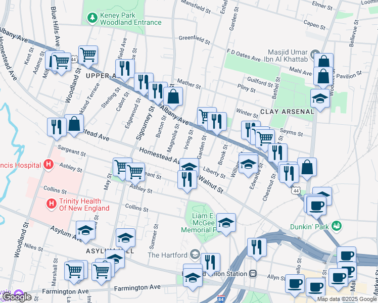 map of restaurants, bars, coffee shops, grocery stores, and more near 26 Irving Street in Hartford