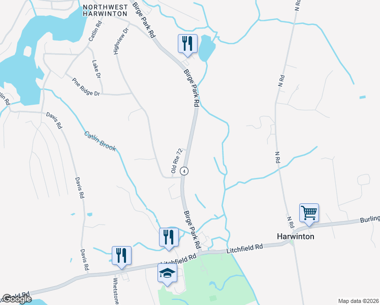 map of restaurants, bars, coffee shops, grocery stores, and more near 164 Birge Park Road in Harwinton