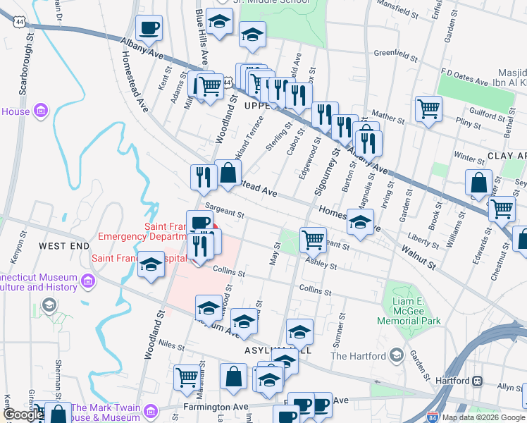 map of restaurants, bars, coffee shops, grocery stores, and more near 222 1/2 Sargeant Street in Hartford