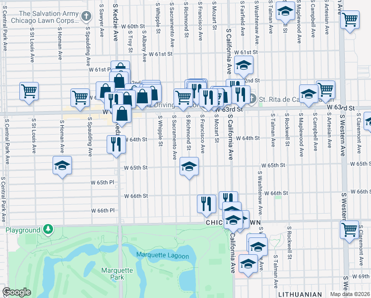 map of restaurants, bars, coffee shops, grocery stores, and more near 6420 South Richmond Street in Chicago