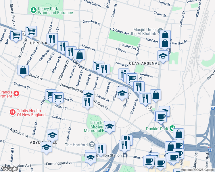 map of restaurants, bars, coffee shops, grocery stores, and more near 41 Brook Street in Hartford