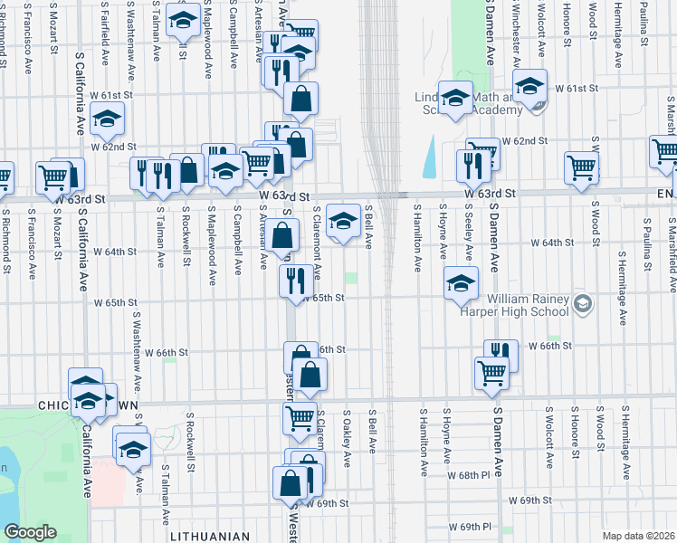 map of restaurants, bars, coffee shops, grocery stores, and more near 6426 South Oakley Avenue in Chicago
