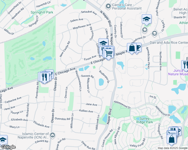 map of restaurants, bars, coffee shops, grocery stores, and more near 6S475 Sussex Road in Naperville