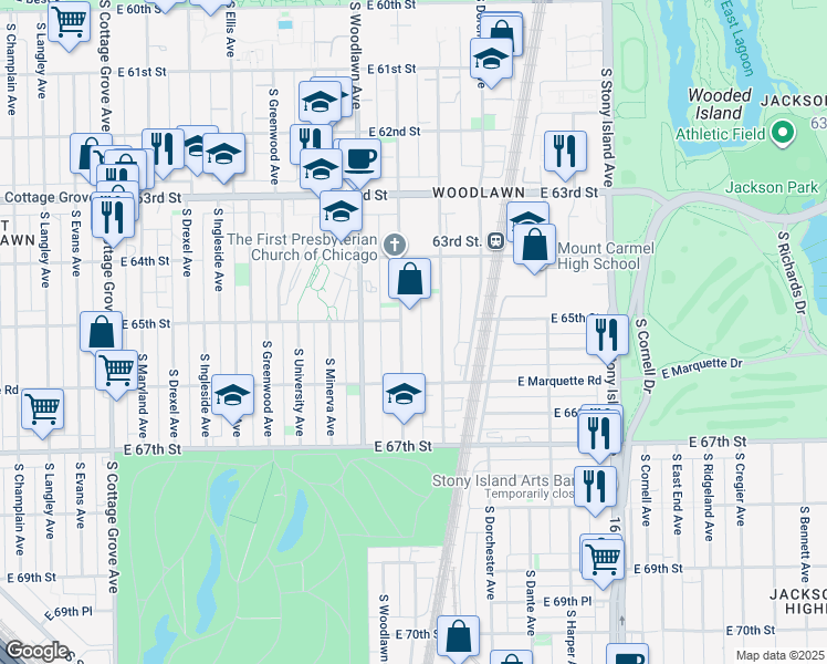map of restaurants, bars, coffee shops, grocery stores, and more near 6507 South Kimbark Avenue in Chicago