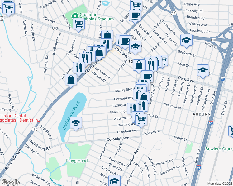 map of restaurants, bars, coffee shops, grocery stores, and more near 60 Shirley Boulevard in Cranston