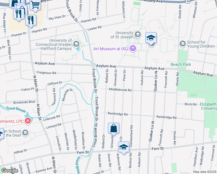map of restaurants, bars, coffee shops, grocery stores, and more near 110 Middlebrook Road in West Hartford