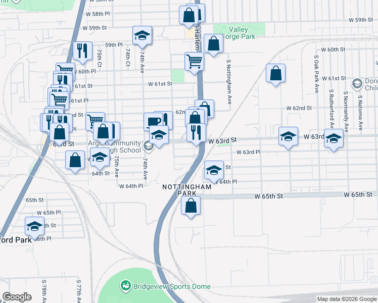 map of restaurants, bars, coffee shops, grocery stores, and more near 7236 West 63rd Place in Summit