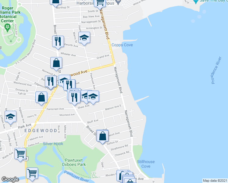 map of restaurants, bars, coffee shops, grocery stores, and more near 58 Columbia Avenue in Cranston