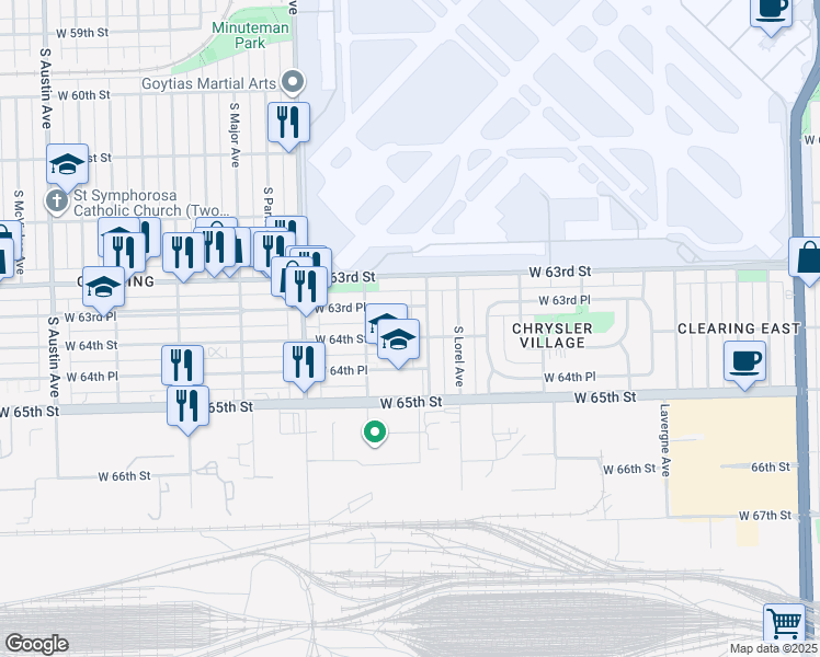 map of restaurants, bars, coffee shops, grocery stores, and more near 5414 W 64th St in Chicago