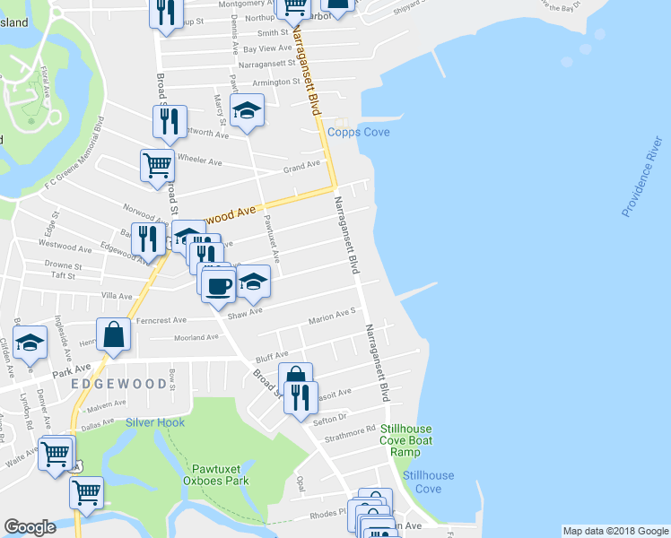 map of restaurants, bars, coffee shops, grocery stores, and more near 56 Columbia Avenue in Cranston