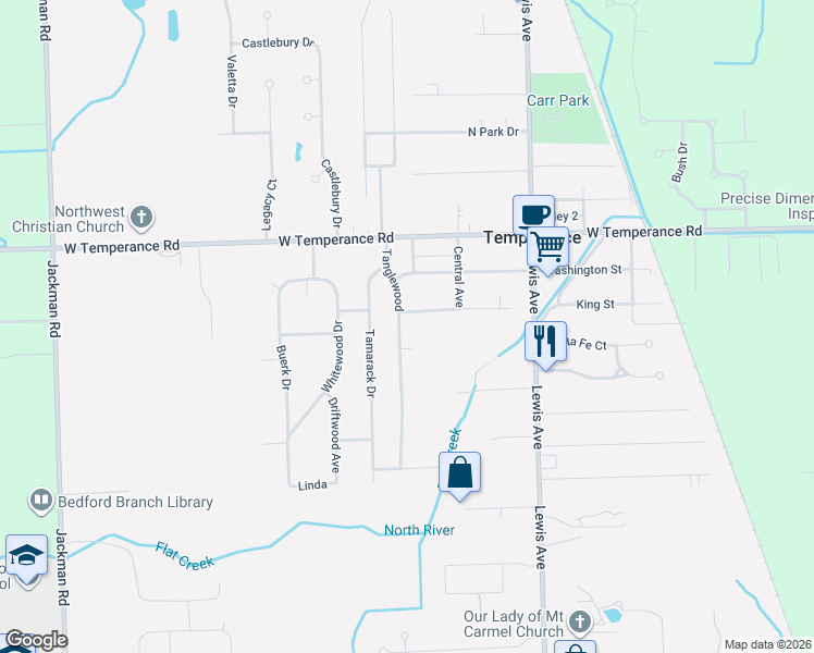 map of restaurants, bars, coffee shops, grocery stores, and more near 8858 Tanglewood in Temperance