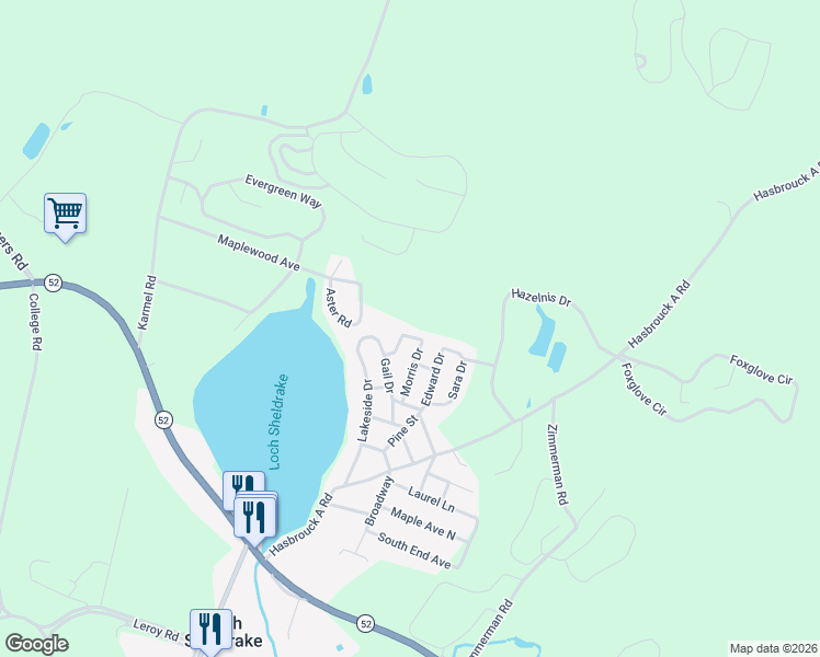 map of restaurants, bars, coffee shops, grocery stores, and more near 24 Morris Drive in Loch Sheldrake