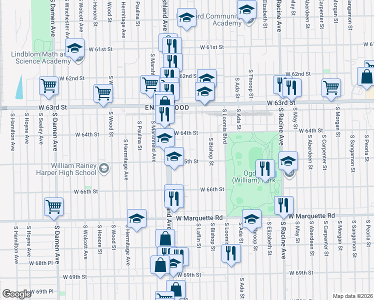 map of restaurants, bars, coffee shops, grocery stores, and more near 6438 South Justine Street in Chicago