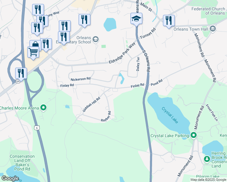 map of restaurants, bars, coffee shops, grocery stores, and more near 3 Giddiah Hill Road in Orleans