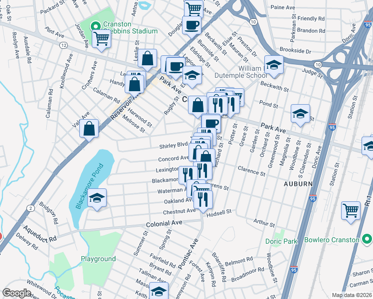 map of restaurants, bars, coffee shops, grocery stores, and more near 28 Shirley Boulevard in Cranston