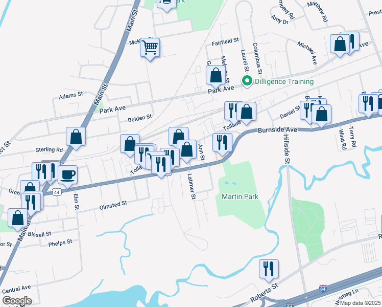 map of restaurants, bars, coffee shops, grocery stores, and more near 18 Signor Street in East Hartford