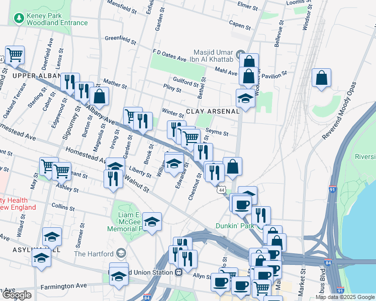 map of restaurants, bars, coffee shops, grocery stores, and more near 258 Albany Avenue in Hartford