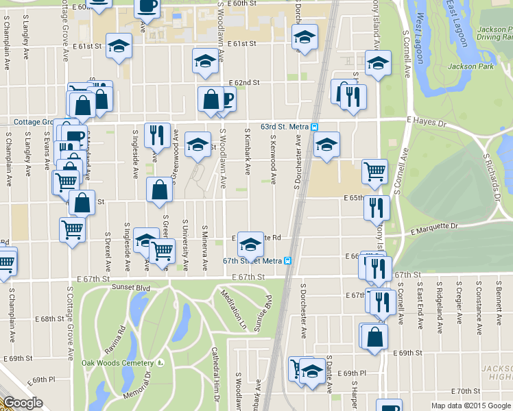 map of restaurants, bars, coffee shops, grocery stores, and more near 6507 South Kimbark Avenue in Chicago