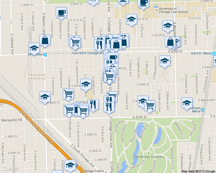 map of restaurants, bars, coffee shops, grocery stores, and more near 6502 South Cottage Grove Avenue in Chicago