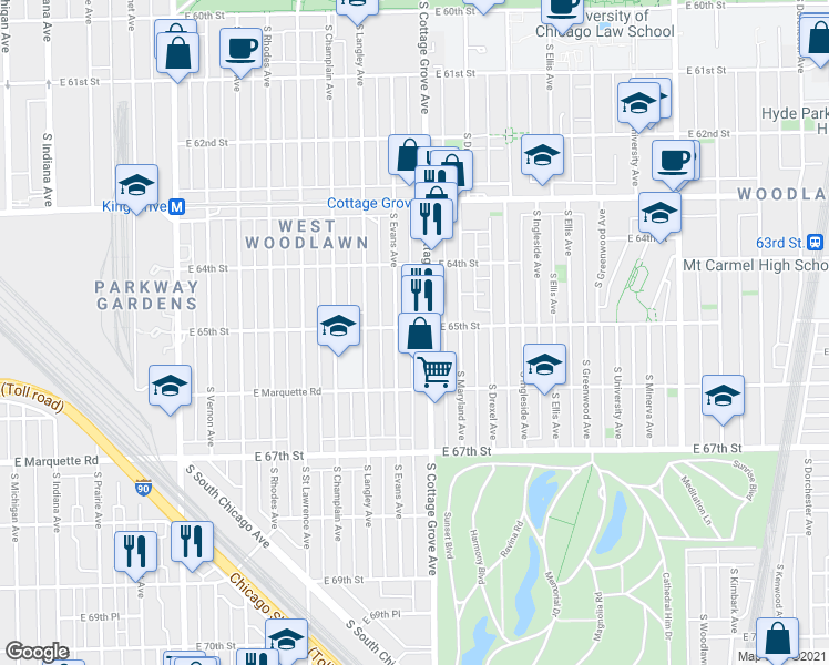 map of restaurants, bars, coffee shops, grocery stores, and more near 6502 South Cottage Grove Avenue in Chicago
