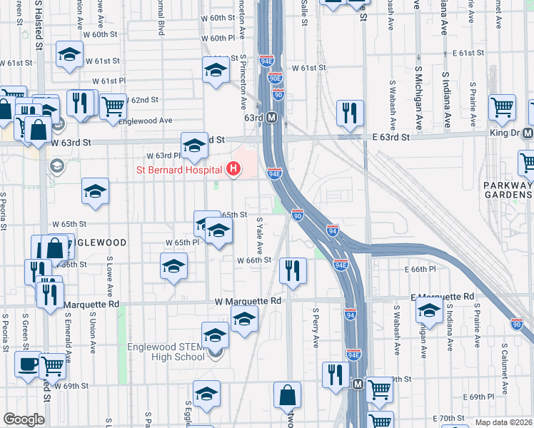 map of restaurants, bars, coffee shops, grocery stores, and more near 6501 South Yale Avenue in Chicago